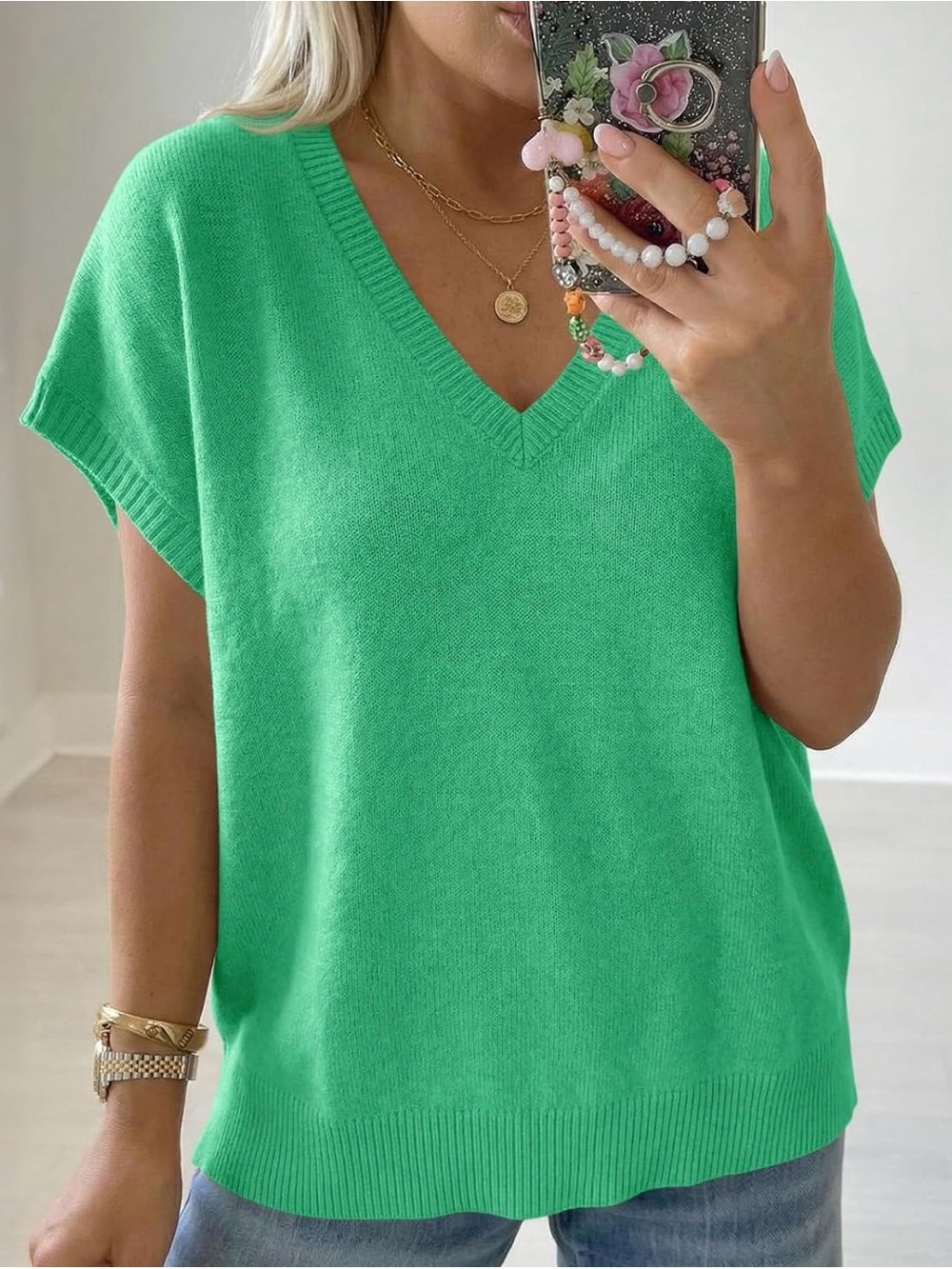 Women’s Green Oversized Short Sleeve Batwing V-Neck Lightweight Sweater XL